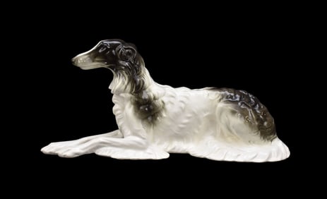 Reclining Porcelain Wolfhound, Marked HK 10, 7"h x 14"w