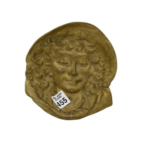 Brass Ashtray Curly Hair Girl with Cigar in Relief, 2"w x 6 1/2"w