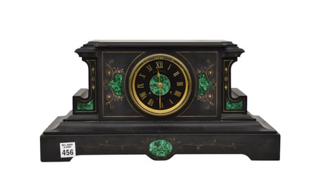 Slate Mantle Clock with Malachite Inlay Design, 8 1/2"h x 16"w x 7"d