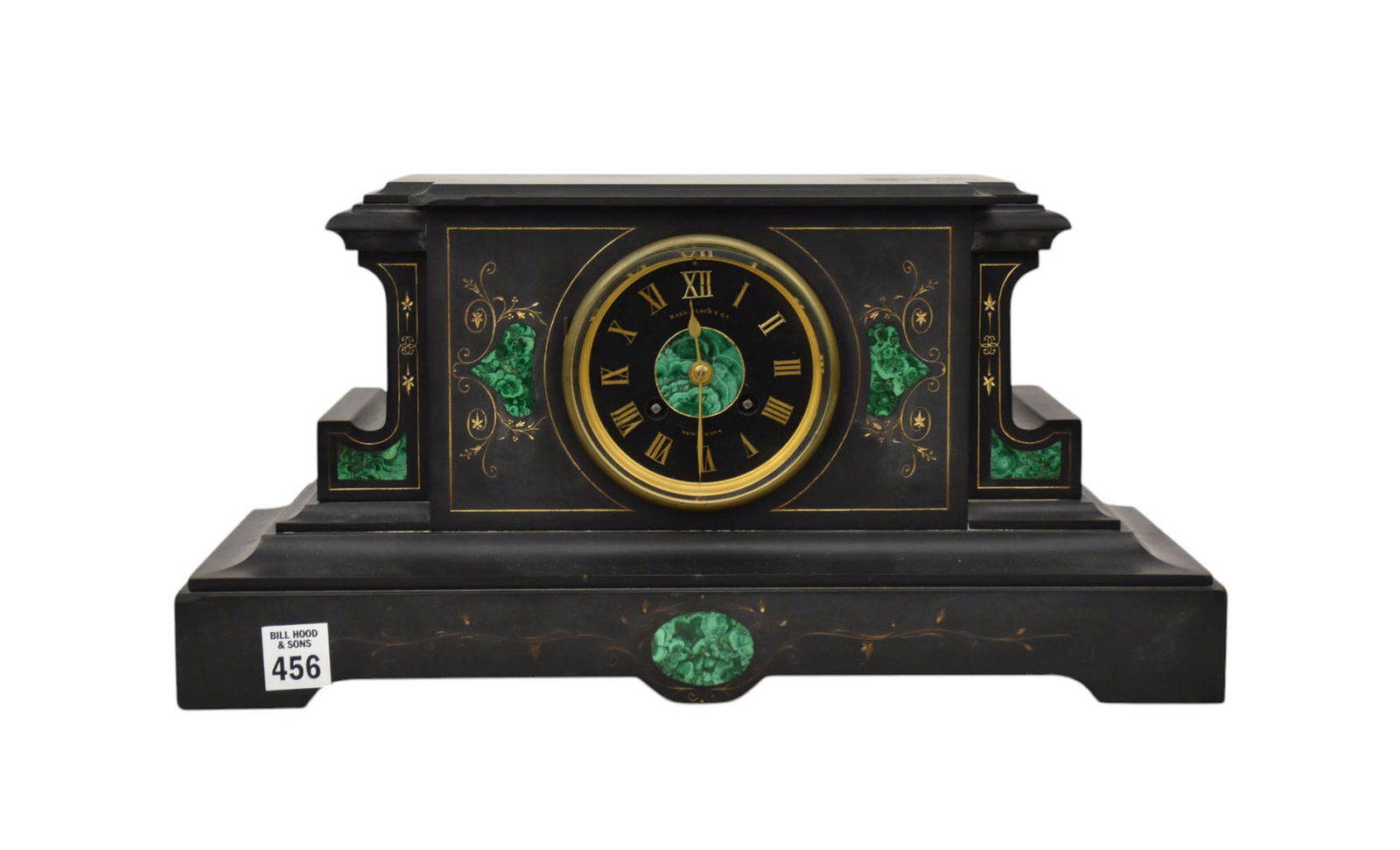 Slate Mantle Clock with Malachite Inlay Design, 8 1/2"h x 16"w x 7"d (1 of 11)