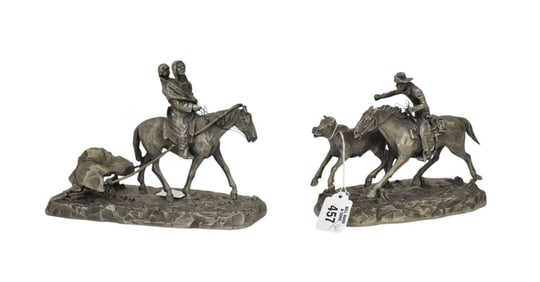2 "Worcester Pewter" Sculpture Cowboy & Indians, Approx. 7"h x 8"w