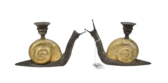 2 Pair Decorative Brass Candlesticks, Snails & Ram Horns (5"h x 7"w) & (7 1/2"h x