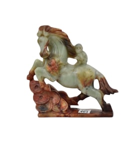 Mutton Jade Sculpture Horse with Monkey, 8"h x 8"w