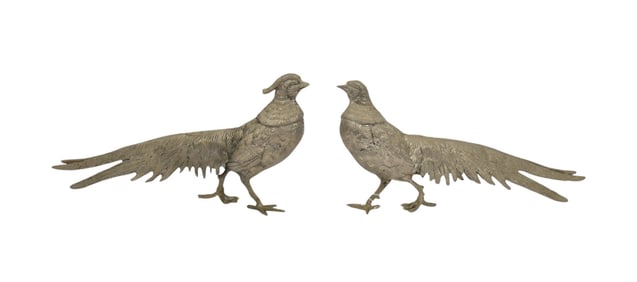 Two metal silvered pheasant figurines 11" wide x 5" high x 2" deep