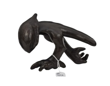 Bronze abstract sculpture depicting alien type creature with legs and tail, signed Mason or majon