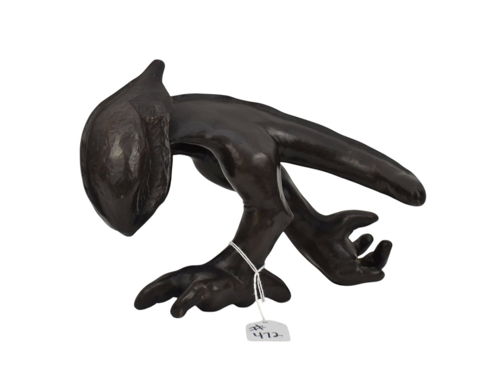 Bronze abstract sculpture depicting alien type creature with legs and tail, signed Mason or majon: Bronze abstract sculpture depicting alien type creature with legs and tail, signed Mason or majon dated 1995 and numbered 1/2 on bottom of left foot
