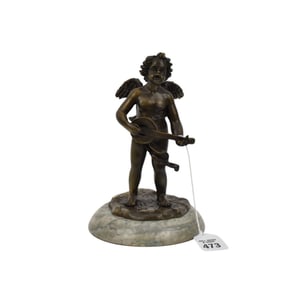 Patinated metal Cherub playing mandolin 8" high x 5" dia