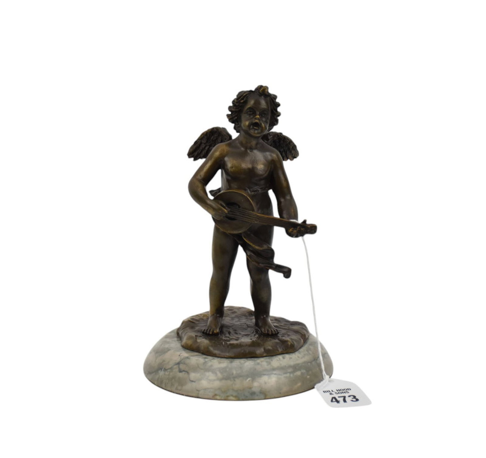 Patinated metal Cherub playing mandolin 8" high x 5" dia: Patinated metal Cherub playing mandolin 8" high x 5" dia