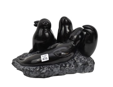 Alva Studios 1982 composition sculpture of 3 seals 8" high x 13.5 wide x 11" deep