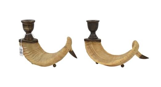 Pair of Natural Ram horn candlesticks 7" high x 9" wide x 6" deep