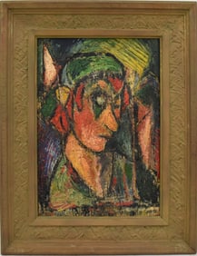 ANTIQUE PAINTING STYLE OF GEORGE ROUAVLT EXPRESSIONIST CLOWN OIL ON BURLOP 18X12 WITH FRAME 23