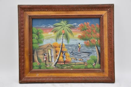 PRIMITIVE HAITIAN FOLK ART VILLAGE SCENE, 12 x 16 inches. Overall with frame. 17 1/2 X 21 1/2