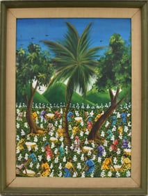 Haitian Painting signed illegibly, Cotton Pickers, 24 x 18 inches. Overall with frame 28 x 22