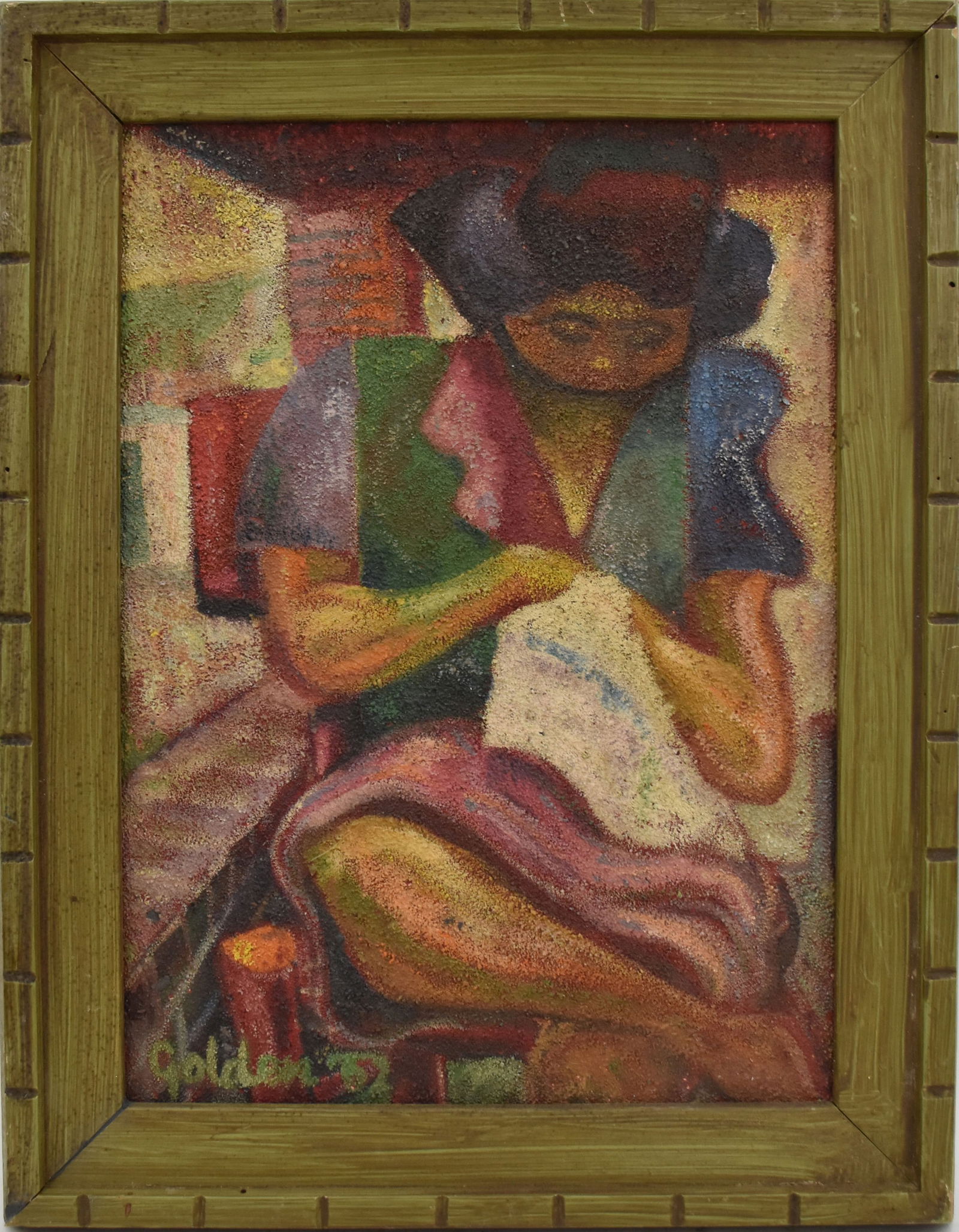 RONALD GOLDEN B. 1931 KOREAN WOMAN SEWING ON MASONITE 17 X 12 1/2 WITH FRAME 21 1/2 X 16 3/4: RONALD GOLDEN B. 1931 KOREAN WOMAN SEWING ON MASONITE 17 X 12 1/2 WITH FRAME 21 1/2 X 16 3/4