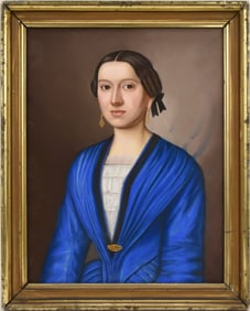 Antique Pastel Portrait of Lady in Blue Blouse, 15 x 12 inches, overall framed size- 17 x 13 1/2