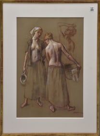 ROBERT BRACKMAN (American 1898-1980) Untitled Pastel on brown paper, Depicts two standing female