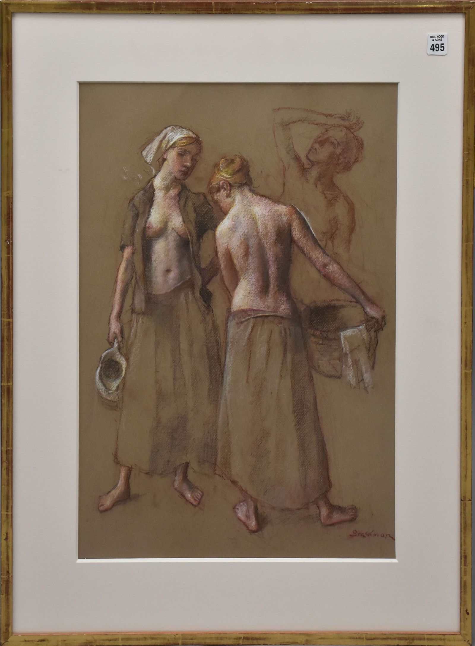 ROBERT BRACKMAN (American 1898-1980) Untitled Pastel on brown paper, Depicts two standing female: ROBERT BRACKMAN (American 1898-1980) Untitled Pastel on brown paper, Depicts two standing female figures, one holding a pitcher and another a water jug. The hint of other figures in the background Sig