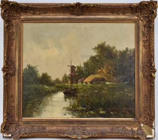 Antique Dutch School signed W.Smith? , Landscape depicting guy in boat on river with windmill and