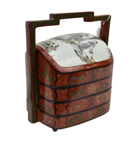 Vintage Chinese lacquered triple compartment Wedding box with hand painted porcelain top 13" high x