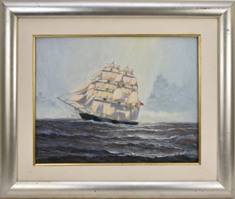 BRUCE ELLIOTT ROBERTS (Am. 20th Century) Breaking Out - 1979. Oil on panel, Depicts a schooner at