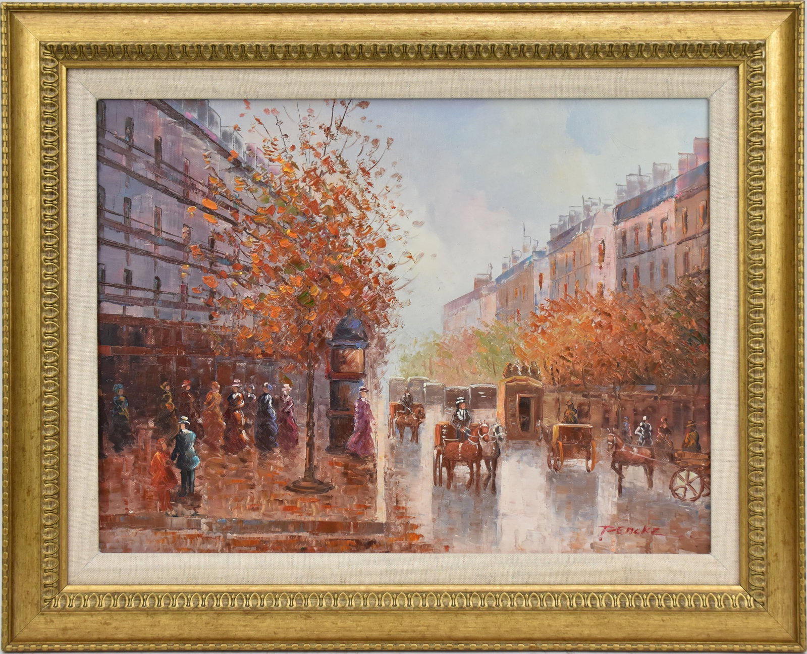 French street scene signed Pencke, Oil on canvas, 12 x 16?? overall frame size 16 x 20: French street scene signed Pencke, Oil on canvas, 12 x 16” overall frame size 16 x 20”