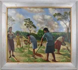 South American School 20th Century. Signed M. Ortiz, Lady Farmers, 25 x 30 inches. Overall framed