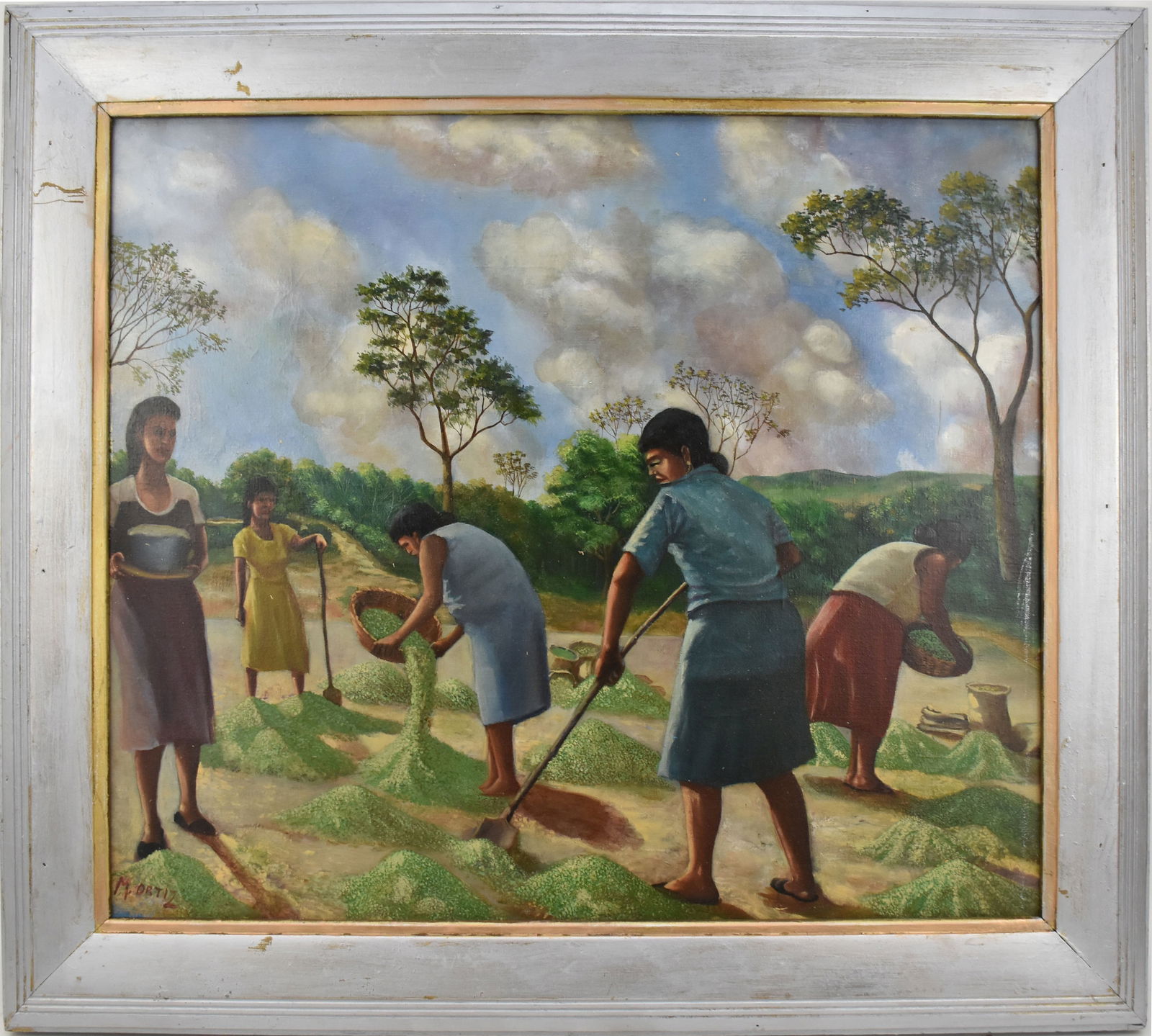 South American School 20th Century.  Signed M. Ortiz, Lady Farmers, 25 x 30 inches. Overall framed (1 of 6)