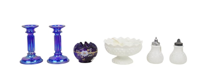 Assorted Fenton Glass Tableware's, 11" Vase, 4" Vase, Pr. Candlesticks, Iridescent Blue, 3 pcs. Milk