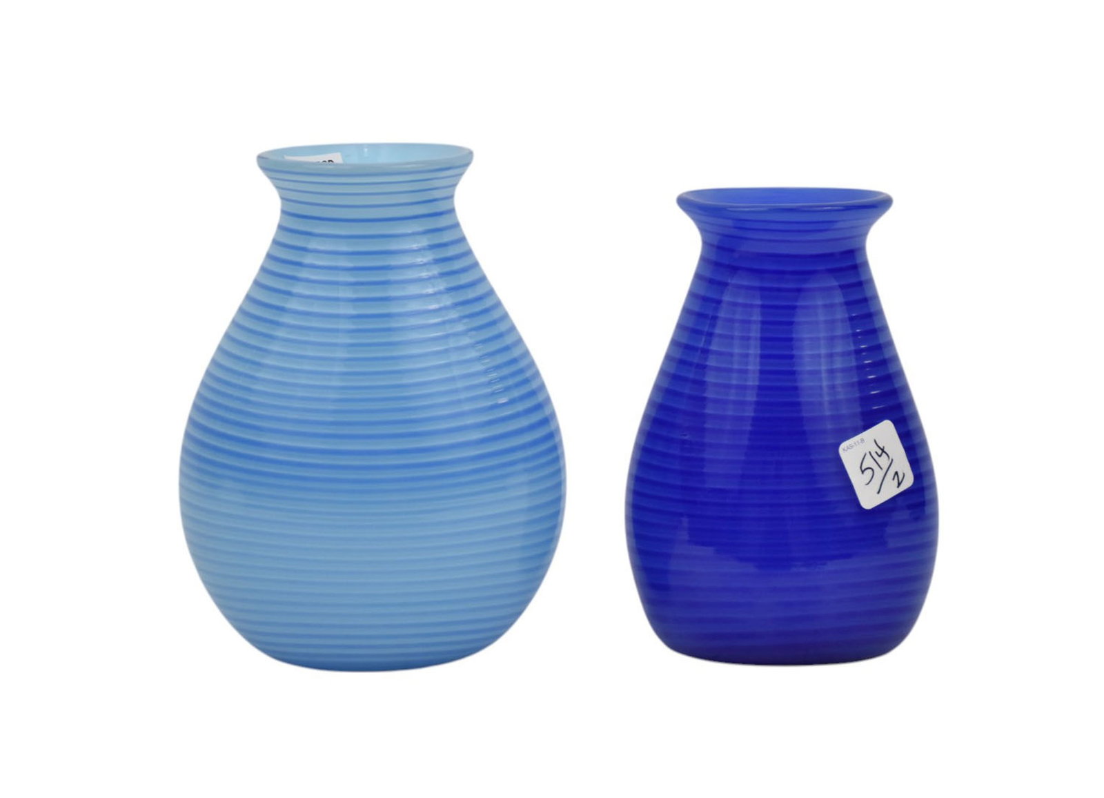2 Harris & Co. for Tiffany, Blue Swirling Glass Vases, 7 1/2"h, 2002: 2 Harris & Co. for Tiffany, Blue Swirling Glass Vases, 7 1/2"h, 2002