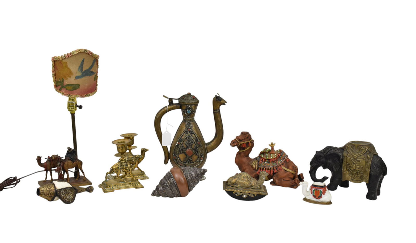 Collection of Mostly Brass and Copper Objects, Camel Candlesticks Camel Ink blotter, Teapot, (1 of 14)