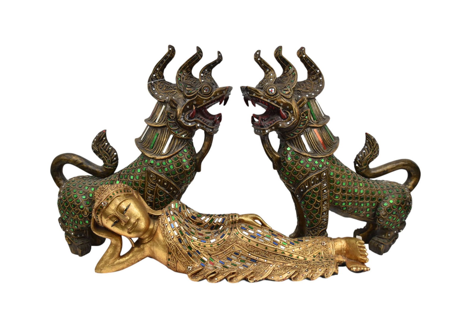 Pr. India Foo Dogs Gilded Wood with Colored Glass Ornament and Reclining Buddha, 9"h x 26"w (1 of 15)