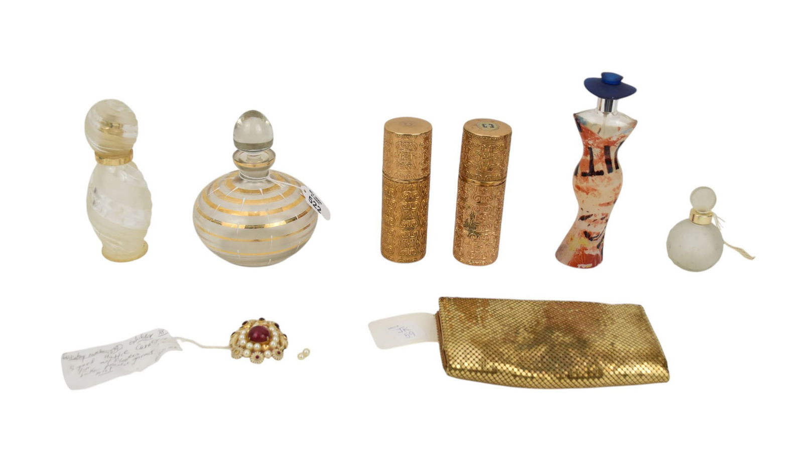 Six assorted vintage perfumes (1) R. Lalique, Worth, (1) gold mesh vintage Whiting Davis clutch and (1 of 13)