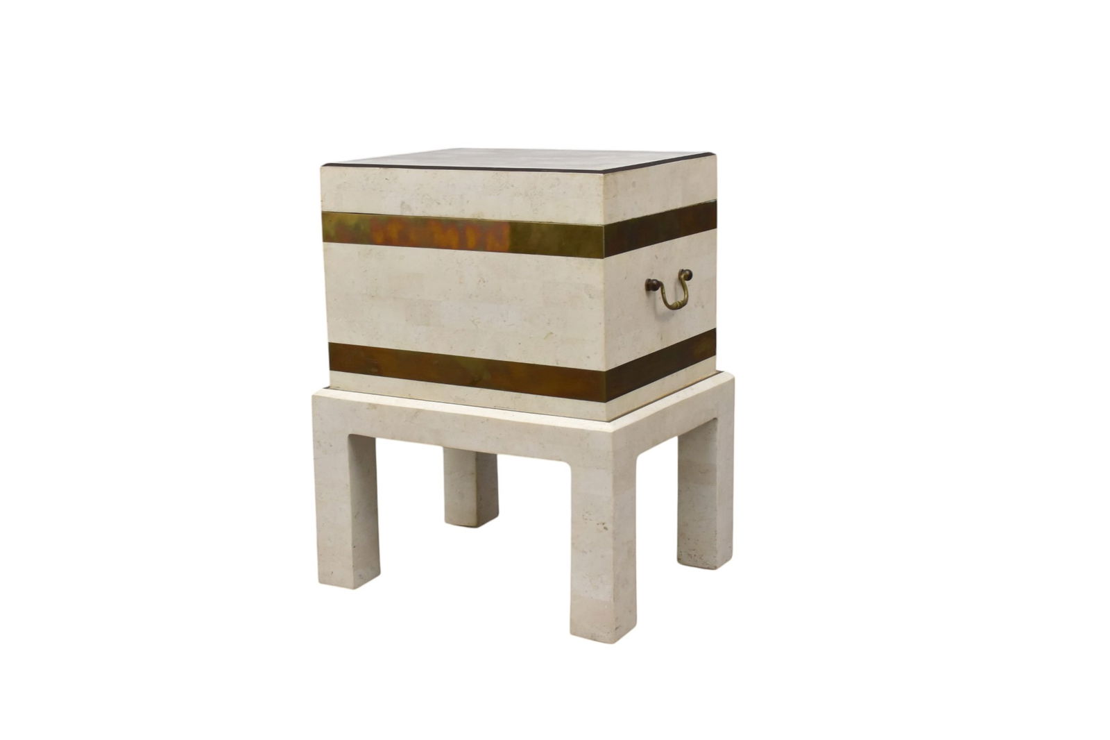 Maitland Smith Faux Stone Side Table with Lift Top On Attached Stand with Brass Trim, 19" x 14"w x (1 of 7)