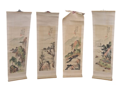 4 Chinese / Japanese landscape Scrolls Watercolors on silk 33" long x 10"wide