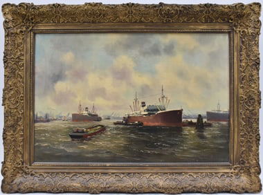 Dutch Port Scene, signed A. Smith, oil on canvas, 16 x 24 inches, overall framed size 21-1/2 x