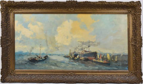 Evert Moll (Dutch 1878 - 1955) oil on canvas, Port of Rotterdam with many ships, 15-3/4 x 31-1/2