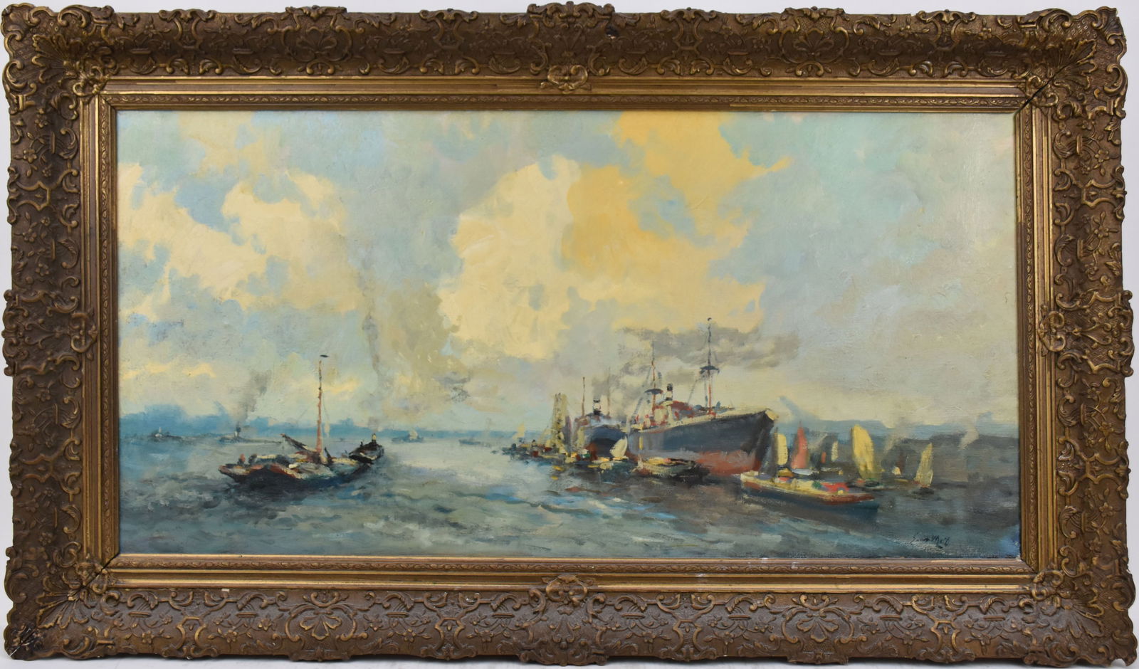 Evert Moll (Dutch 1878 - 1955) oil on canvas, Port of Rotterdam with many ships, 15-3/4 x 31-1/2: Evert Moll (Dutch 1878 - 1955) oil on canvas, Port of Rotterdam with many ships, 15-3/4 x 31-1/2 inches. In Antique frame Overall size 21-1/2 x 37 inches