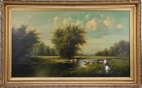 Paul Clifford 19 century oil on canvas, Cows Watering, has a few damages, canvas size 24 x 42 1/2