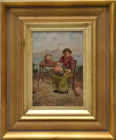 19th Century Italian school, oil on canvas, Painting of girl with water jug, signed illegibly lower