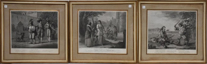 Three antique engravings by each Bunbury 18 1/2 x 16“ site size overall frame size 23 1/2 x 25
