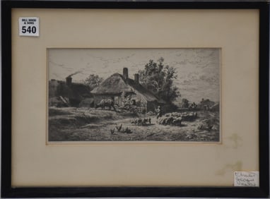 Charles Jacque, 19 century French farm engraving, 5 1/4 x 9 inches image size, overall with frame 11