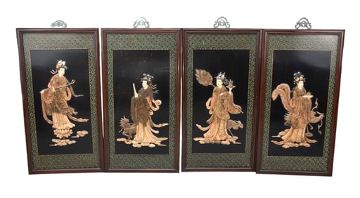 4 rosewood framed wall plaques Depicting Heavenly Queen Court maids made from Inlaid carved stone