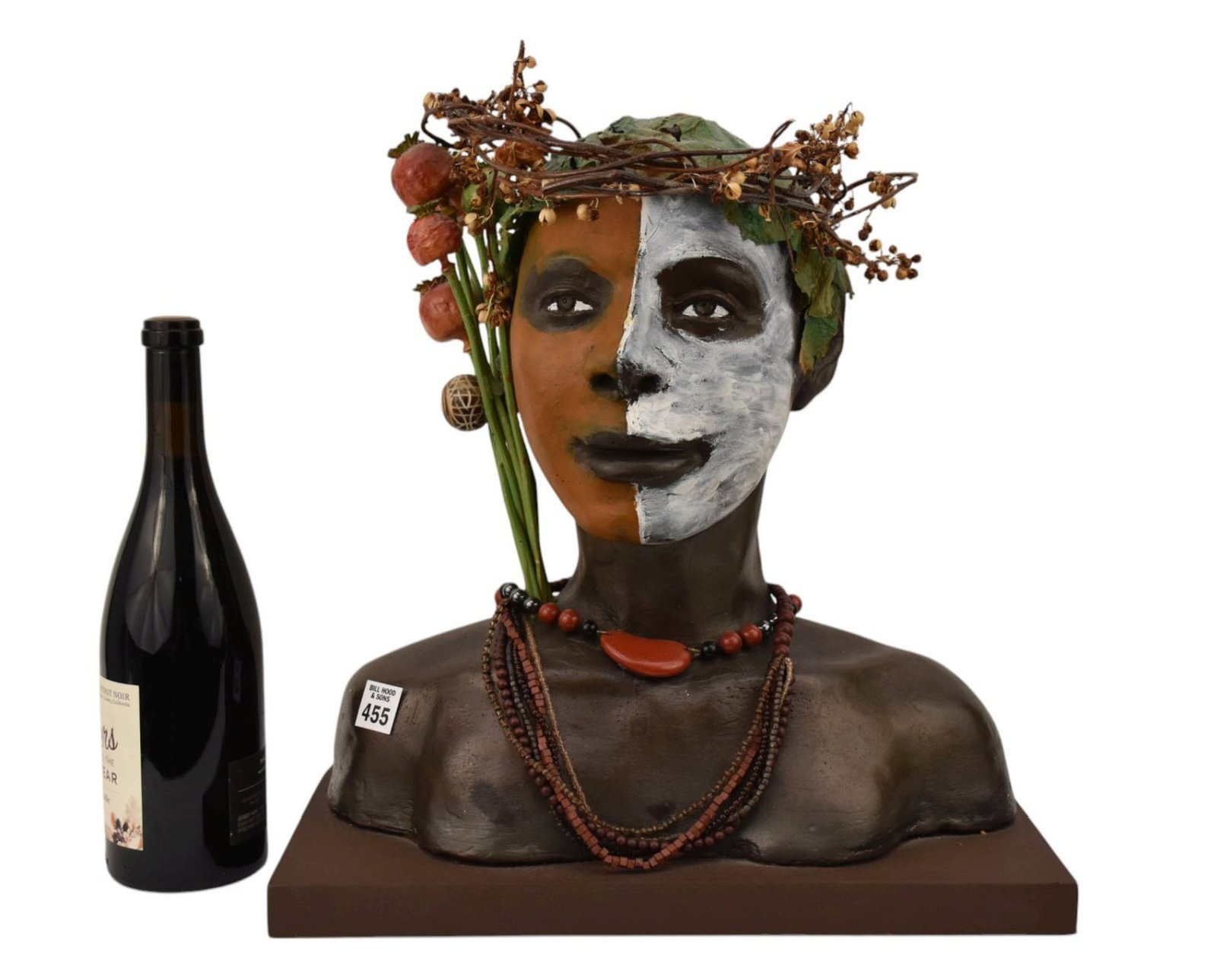 Burton Levinson Unusual Decorated Pottery Female Bust with Painted Face 17" high x 19" wide x 9": Burton Levinson Unusual Decorated Pottery Female Bust with Painted Face 17" high x 19" wide x 9" deep