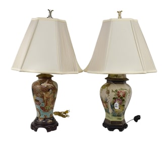 Two 20th Century Asian Porcelain Lamps - One with moriage figural decoration, the other with florals