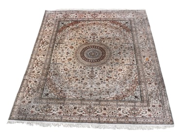 Handmade Oriental Rug/Carpet, Silk Style Gray and Tans, tight weave. 8.3 x 10.1 feet.