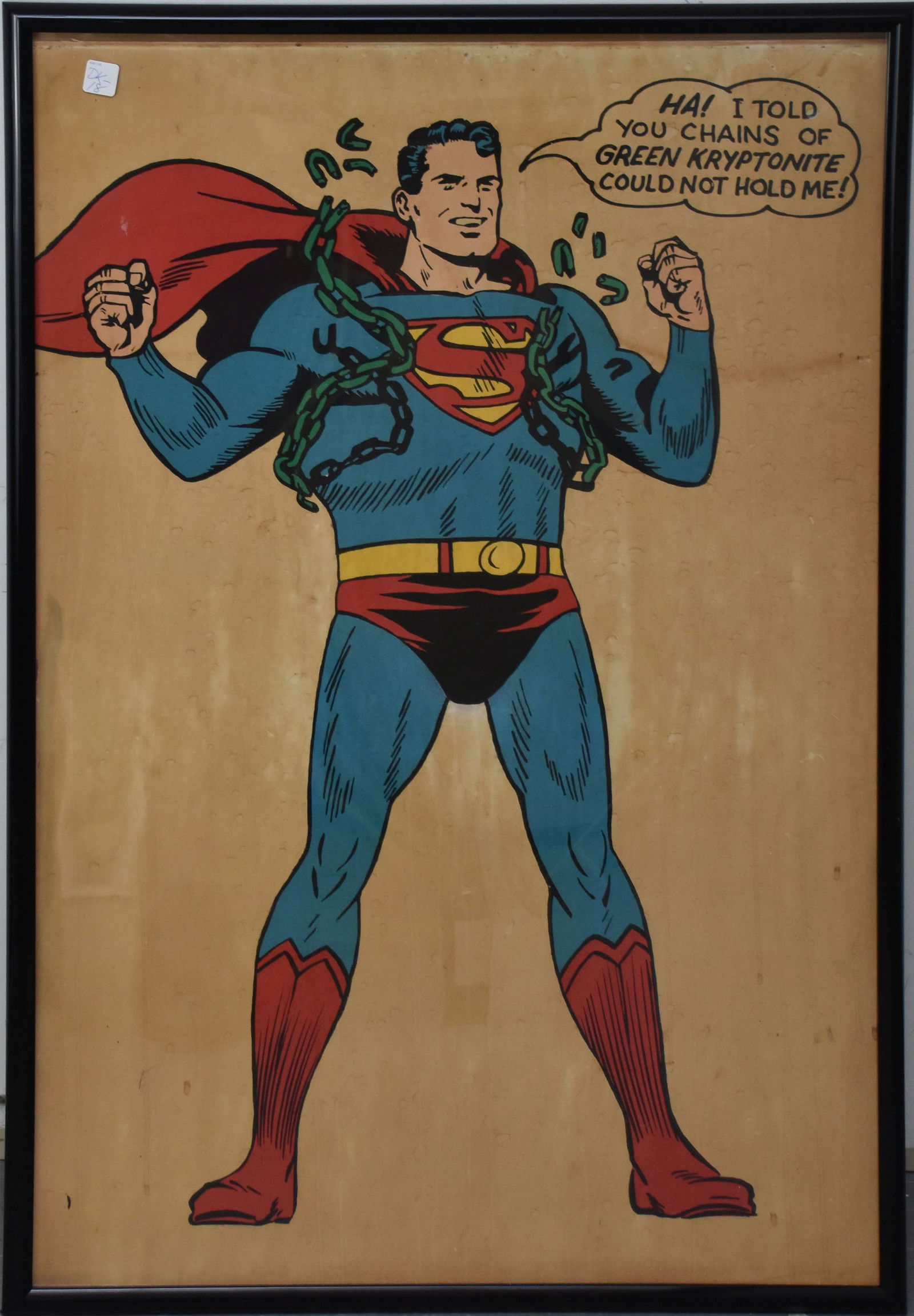 Vntage Superman poster from 1966, featuring Superman breaking free from green kryptonite chains, (1 of 6)