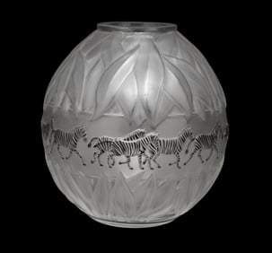 Lalique Crystal France Vase, "Tanzania", Bulbous Form with Frosted Leaves & Enameled Zebras