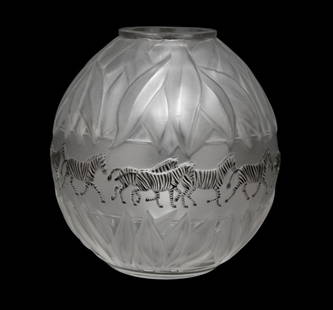 Lalique Crystal France Vase, "Tanzania", Bulbous Form with Frosted Leaves & Enameled Zebras: Lalique Crystal France Vase, "Tanzania", Bulbous Form with Frosted Leaves & Enameled Zebras Surround, Signed Lalique France on Bottom, Limited Edition 5/5, 9 1/2"h x 11 1/2" w