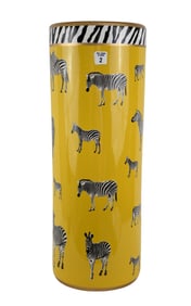 Hozuso Ceramic Umbrella Stand, Painted Zebras Surround on Yellow Background, 24"h x 9"dia