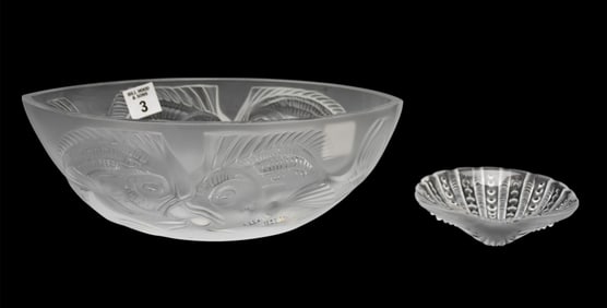 LALIQUE Frosted Glass Center Bowl having bas relief double fish on both sides. Signed on bottom